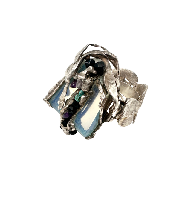 Brățară Sculpturală 'Mineral Flow' din Alamă Placată cu Argint, Cristal Optic și Turcoaz [2]