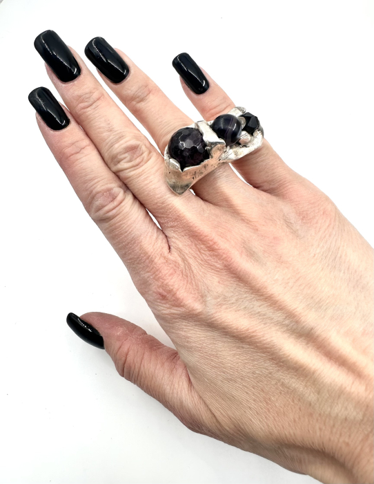 Inel Sculptural 'Shadow Flow' din Alamă Placată cu Argint și Onix Fațetat [2]