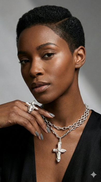 Colier Sculptural 'Sacred Geometry' cu Pandant Cruce din Alamă Placată, Perlă și Cristale de Sticlă [4]