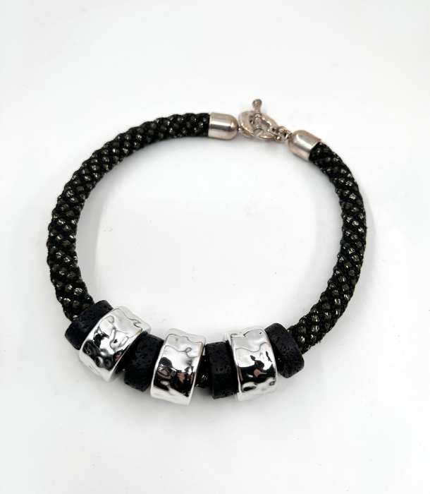 Colier Sculptural 'Telluric' din Textil Împletit, Metal  și Roci Vulcanice [2]