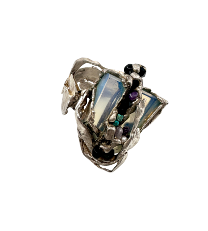 Brățară Sculpturală 'Mineral Flow' din Alamă Placată cu Argint, Cristal Optic și Turcoaz [3]