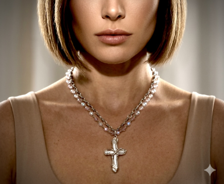 Colier Sculptural 'Sacred Geometry' cu Pandant Cruce din Alamă Placată, Perlă și Cristale de Sticlă [2]