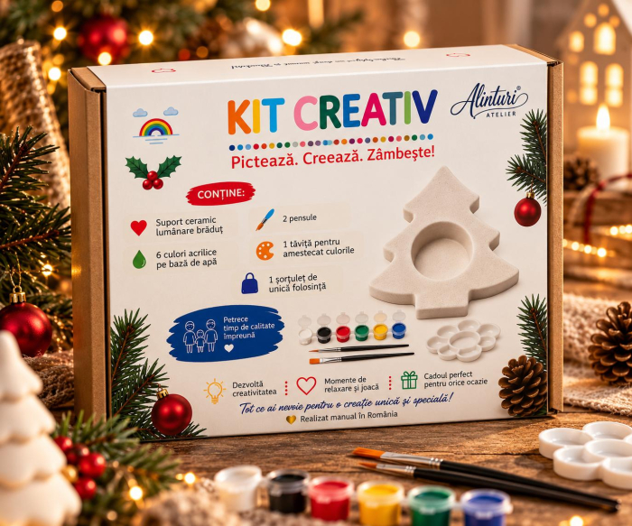 Kit Creativ Pictură Ceramică Suport Lumânare Brăduț, 6 culori, 2 ...
