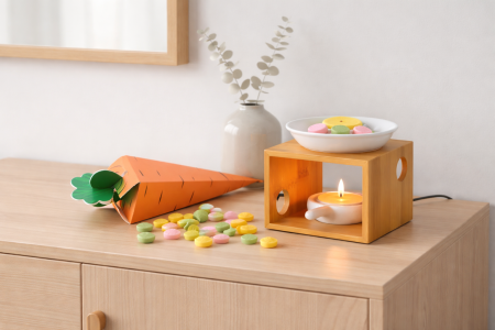 Wax melts - Cutie morcov cu 40 g wax melts  (Caramel) si Topitor din bambus cu ceramică