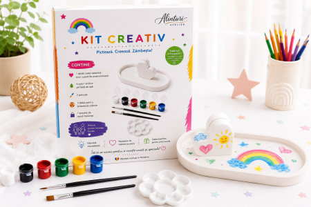Kit-uri Creative - Kit Creativ – Tăviță Ovală Ceramică cu Suport Foto Inimioară pentru Pictat