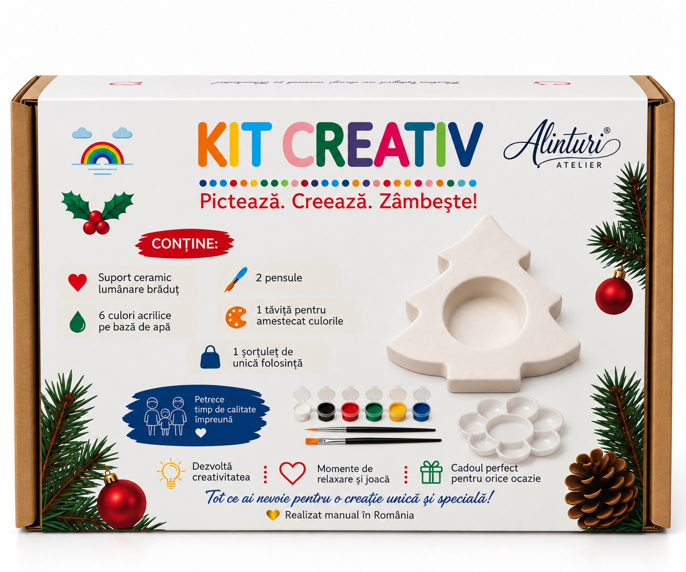 Kit Creativ Pictură Ceramică Suport Lumânare Brăduț, 6 culori, 2 ...
