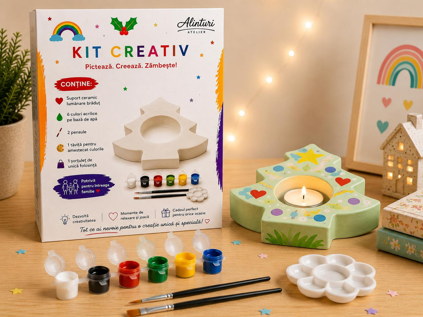 Kit Creativ Pictură Ceramică Suport Lumânare Brăduț, 6 culori, 2 ...