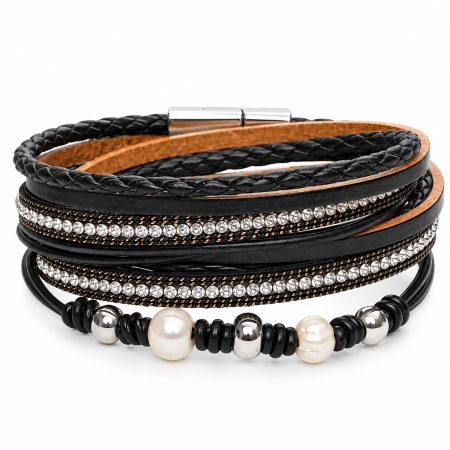 Perle - Brățara Piele & Perle Neagra