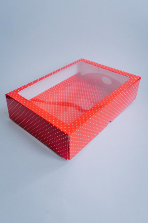 Cutie cu fereastră și tăviță 30x22x7.5 cm, roșu cu puncte