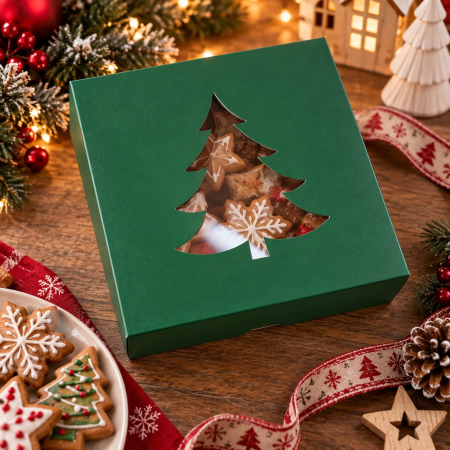 Linea di Natale - Scatola con Finestra ad Alberello 15x15x4 cm per Biscotti, Verde Opaco, G3- CH1, Set 5 Pezzi