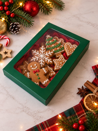 Linea di Natale - Scatola per Pan di Zenzero 21x15x2,5 cm, Verde Opaco con Finestra e Base Rossa, G1F- CH1, Set 5 Pezzi