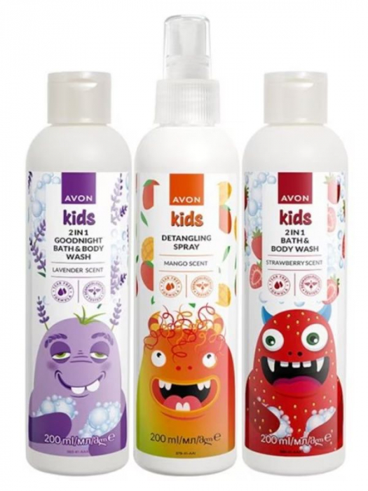 Set pentru copii, Avon Kids - Spray de descurcare par Mango 200, Gel de dus 2in1 Capsuni 200 ml, Gel de dus 2in1 Good Night Lavanda 200 ml [1]