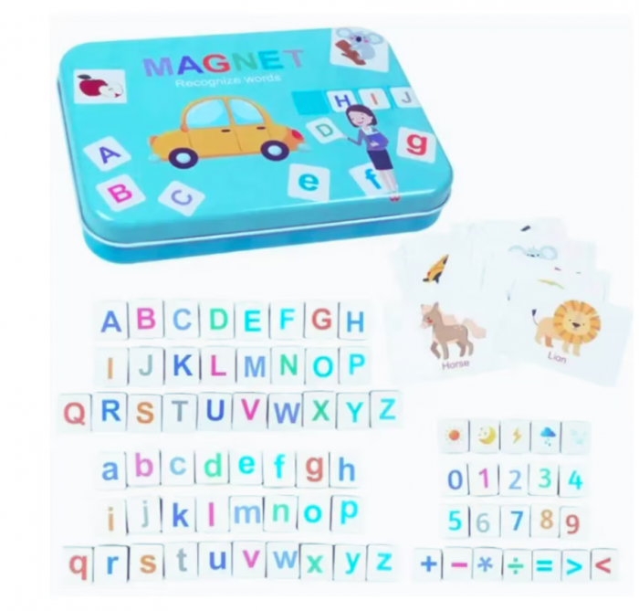Alfabetar magnetic, litere si cifre magnetice, imagini, Almido, 74 piese, 30 cartonase, cutie metalica [6]