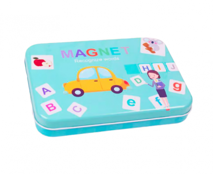 Alfabetar magnetic, litere si cifre magnetice, imagini, Almido, 74 piese, 30 cartonase, cutie metalica [2]