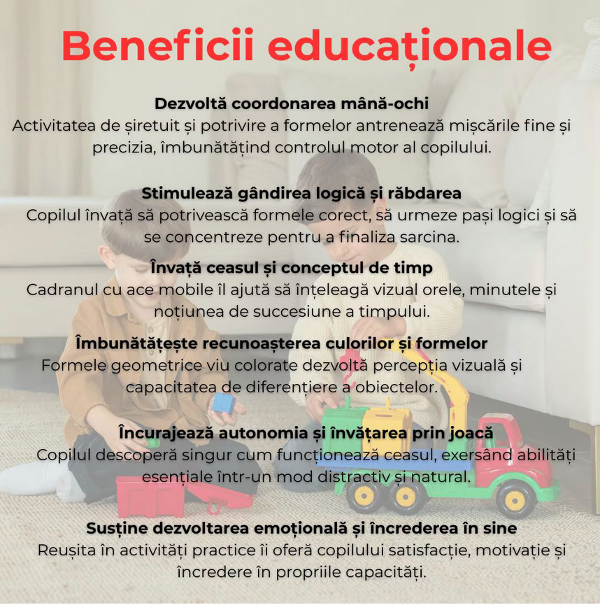 Ceas educaţional din lemn multicolor Almido – joc Montessori cu forme de şiretuit  diametru 17.2 cm pentru învăţarea timpului [7]