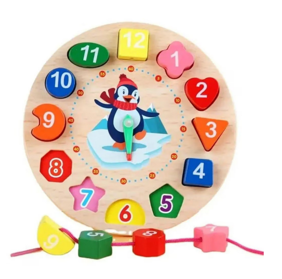 Ceas educaţional din lemn multicolor Almido – joc Montessori cu forme de şiretuit  diametru 17.2 cm pentru învăţarea timpului [1]