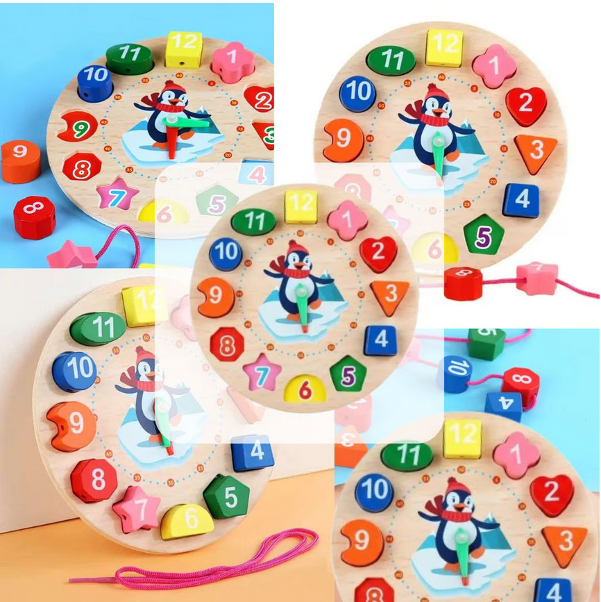 Ceas educaţional din lemn multicolor Almido – joc Montessori cu forme de şiretuit  diametru 17.2 cm pentru învăţarea timpului [8]
