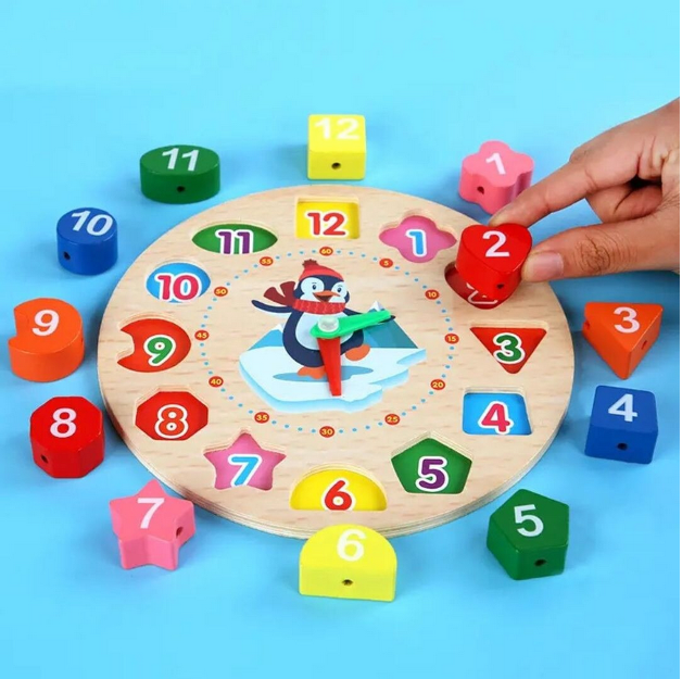 Ceas educaţional din lemn multicolor Almido – joc Montessori cu forme de şiretuit  diametru 17.2 cm pentru învăţarea timpului [10]