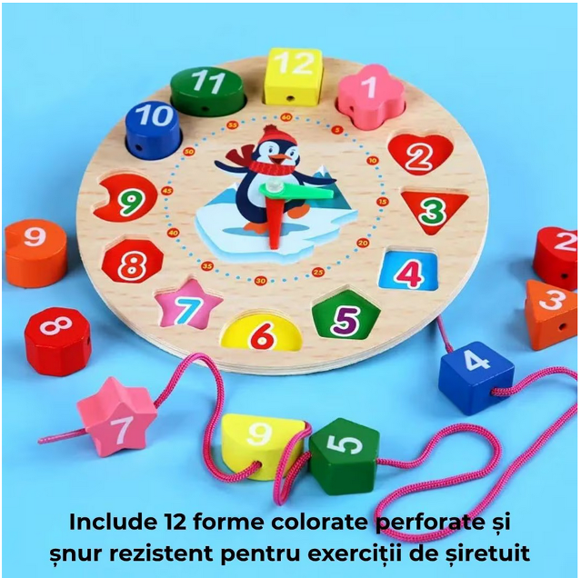 Ceas educaţional din lemn multicolor Almido – joc Montessori cu forme de şiretuit  diametru 17.2 cm pentru învăţarea timpului [5]
