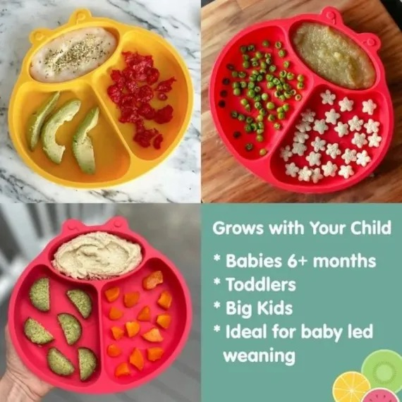 Farfurie compartimentata din silicon cu ventuza pentru diversificare bebelusi in forma de gargarita Almido, Rosu [5]