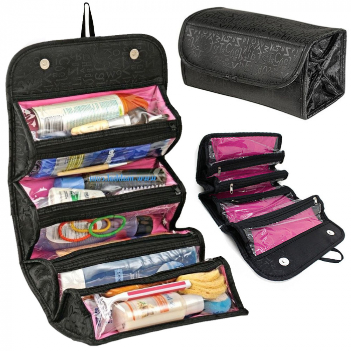Geanta organizator cosmetice pentru calatorie cu 4 compartimente, 24 x 15 cm, Negru/Roz [6]