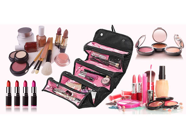 Geanta organizator cosmetice pentru calatorie cu 4 compartimente, 24 x 15 cm, Negru/Roz [2]