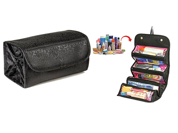 Geanta organizator cosmetice pentru calatorie cu 4 compartimente, 24 x 15 cm, Negru/Roz [4]