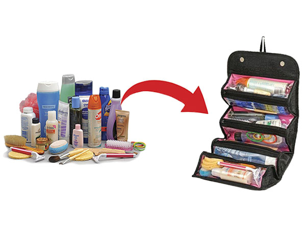 Geanta organizator cosmetice pentru calatorie cu 4 compartimente, 24 x 15 cm, Negru/Roz [1]