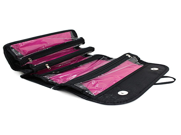 Geanta organizator cosmetice pentru calatorie cu 4 compartimente, 24 x 15 cm, Negru/Roz [5]