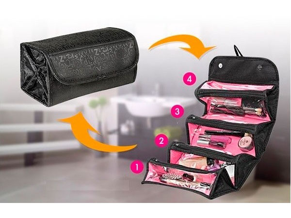 Geanta organizator cosmetice pentru calatorie cu 4 compartimente, 24 x 15 cm, Negru/Roz [3]