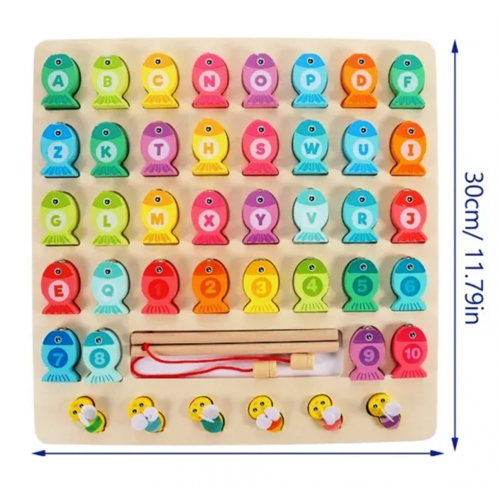 Joc de pescuit Montessori din lemn cu magnet, puzzle incastru, alfabet si cifre, 44 piese, Almido , Multicolor [2]