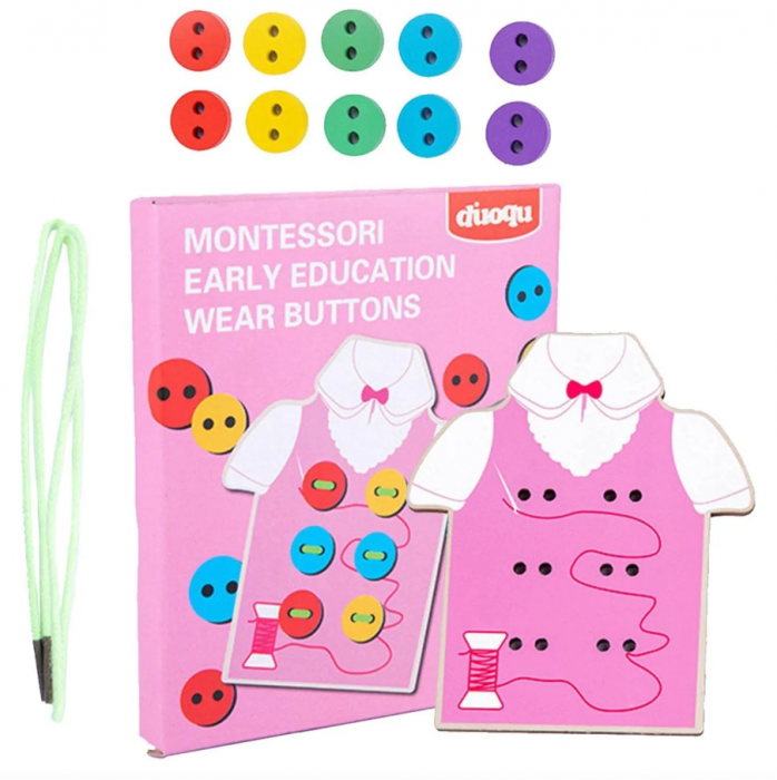 Joc educativ din lemn de snuruit nasturii pe camasa Montessori, Almido, Roz multicolor 3 ani+ [3]