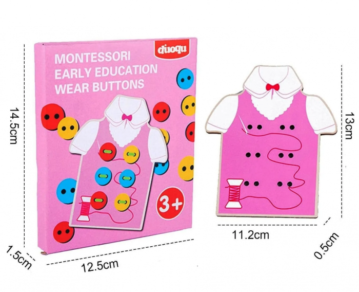 Joc educativ din lemn de snuruit nasturii pe camasa Montessori, Almido, Roz multicolor 3 ani+ [4]