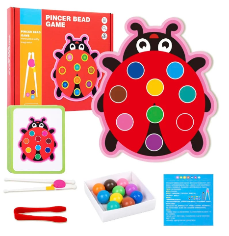 Joc Montessori educativ de indemanare cu bile din lemn, Buburuza, Almido, Multicolor [2]
