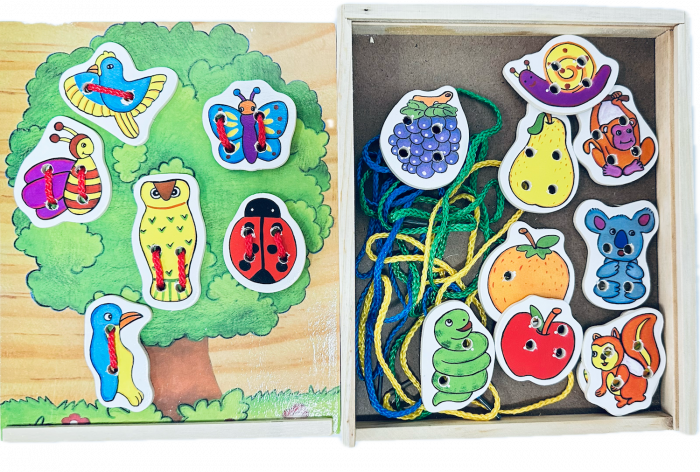 Joc tip Montessori de siretuit pasari si fructe in copac, Almido, 22 cm, Multicolor [2]