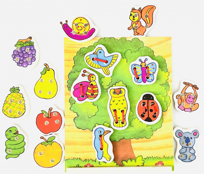 Joc tip Montessori de siretuit pasari si fructe in copac, Almido, 22 cm, Multicolor [1]