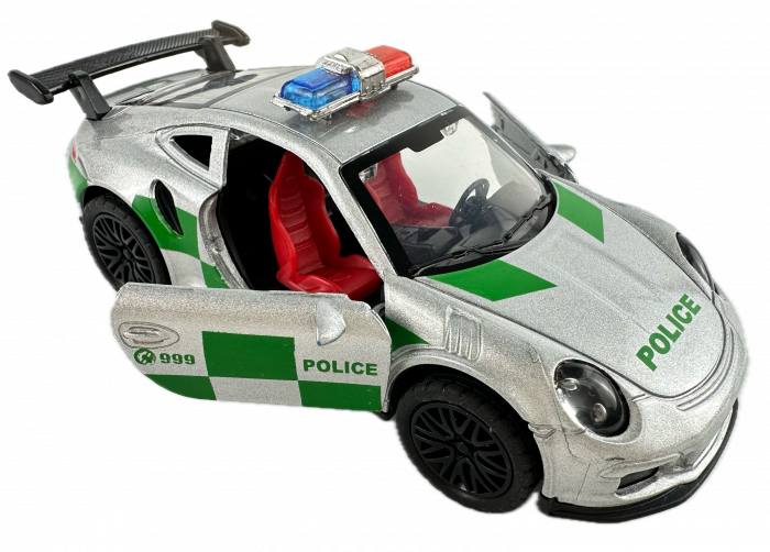 Masina metalica Politie, Lumini si Sunete, Usi mobile, 11 cm, Gri cu Verde [2]