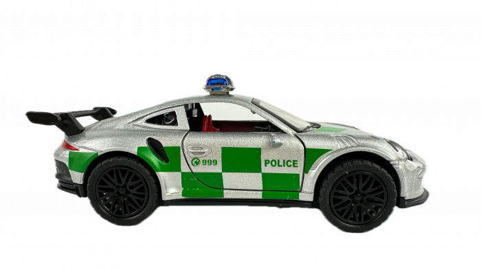 Masina metalica Politie, Lumini si Sunete, Usi mobile, 11 cm, Gri cu Verde [4]