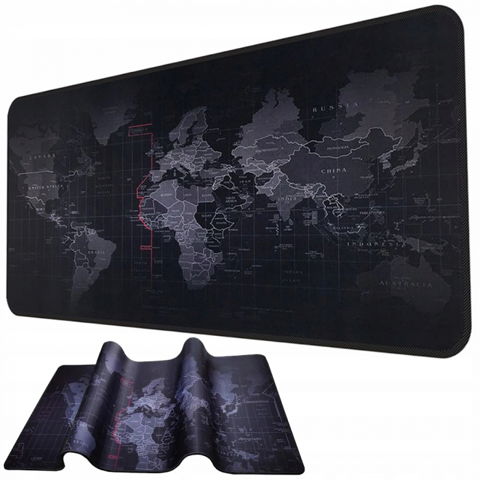 Mousepad Mare Cauciucat, Birou, Antiderapant, Cusaturi Anti-Rupere, model Harta Lumii, 80 x 30cm, Negru [6]