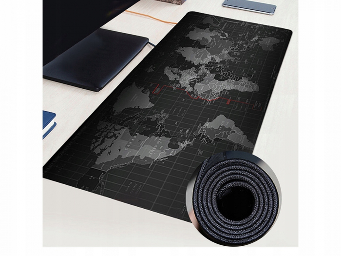 Mousepad Mare Cauciucat, Birou, Antiderapant, Cusaturi Anti-Rupere, model Harta Lumii, 80 x 30cm, Negru [5]
