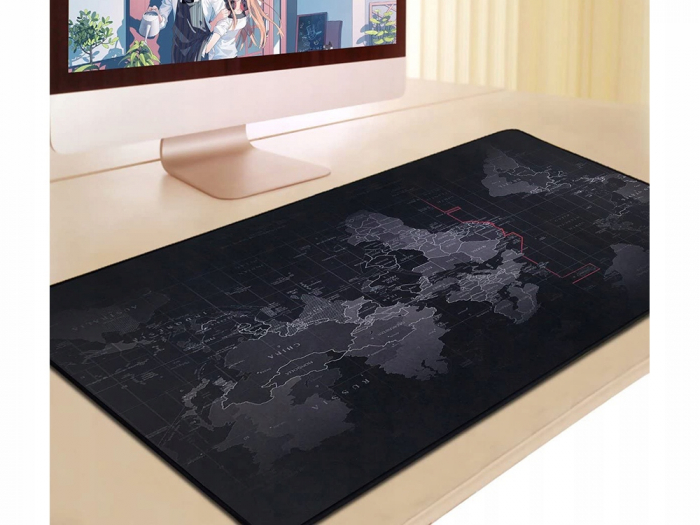 Mousepad Mare Cauciucat, Birou, Antiderapant, Cusaturi Anti-Rupere, model Harta Lumii, 80 x 30cm, Negru [4]