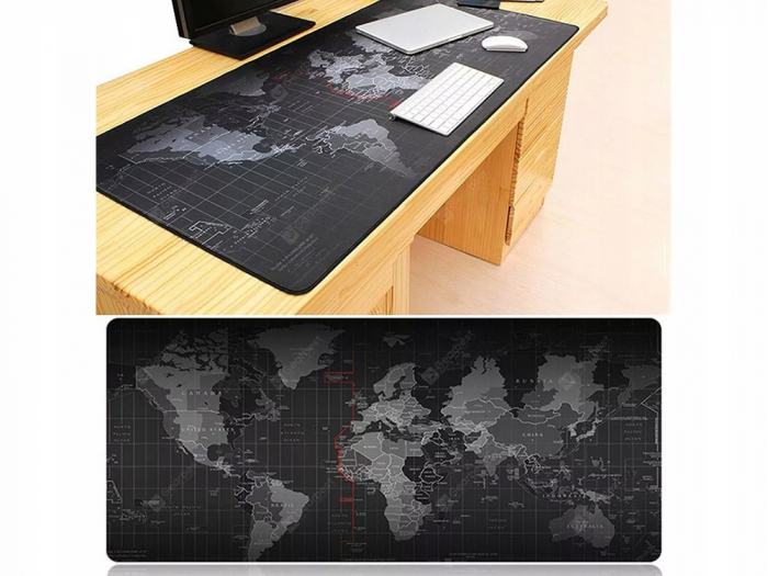 Mousepad Mare Cauciucat, Birou, Antiderapant, Cusaturi Anti-Rupere, model Harta Lumii, 80 x 30cm, Negru [2]