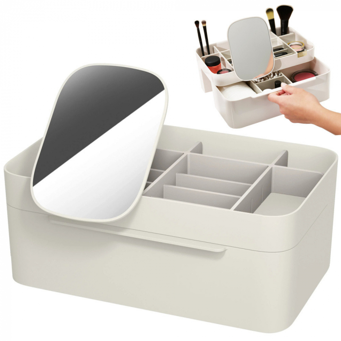 Organizator cosmetice cu sertar si oglinda inclusa, alb [2]