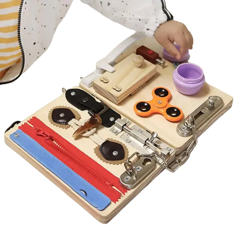 Placa senzoriala pliabila, Almido, tabla de activitati Montessori din lemn cu 11 activitati [1]
