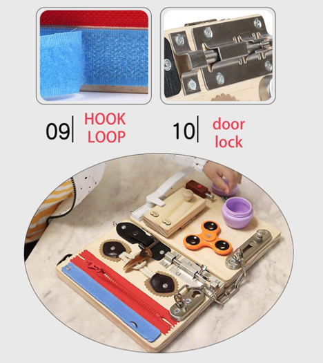 Placa senzoriala pliabila, Almido, tabla de activitati Montessori din lemn cu 11 activitati [5]