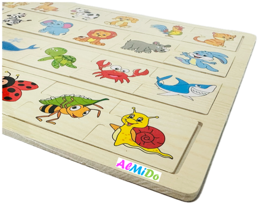 Plansa cu 4 categorii de puzzle de asociere, model animele domestice,salbatice,marine si insecte, Almido,Lemn, Multicolor [2]