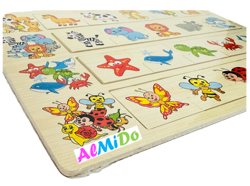 Plansa cu 4 categorii de puzzle de asociere, model animele domestice,salbatice,marine si insecte, Almido,Lemn, Multicolor [3]