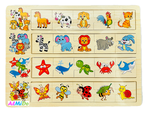 Plansa cu 4 categorii de puzzle de asociere, model animele domestice,salbatice,marine si insecte, Almido,Lemn, Multicolor [1]