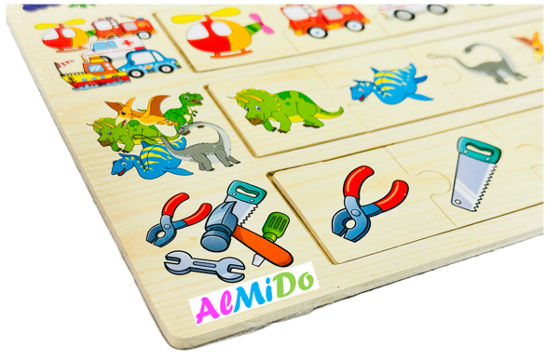 Plansa cu 4 categorii de puzzle de asociere, model fructe/vehicule/dinozauri/unelte, Almido, Lemn, Multicolor [2]