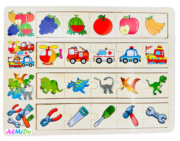 Plansa cu 4 categorii de puzzle de asociere, model fructe/vehicule/dinozauri/unelte, Almido, Lemn, Multicolor [1]